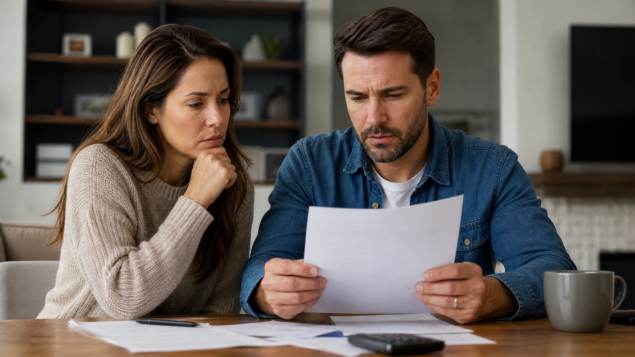 Couple with concerned expressions reviewing an Allstate total loss settlement offer letter at home