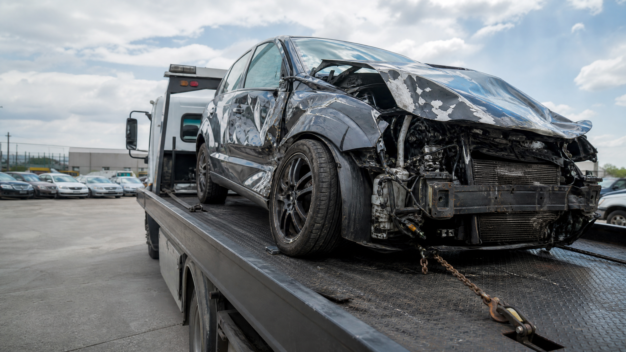 Totaled car with significant collision damage being loaded onto a flatbed tow truck at a salvage yard after an Allstate total loss determination