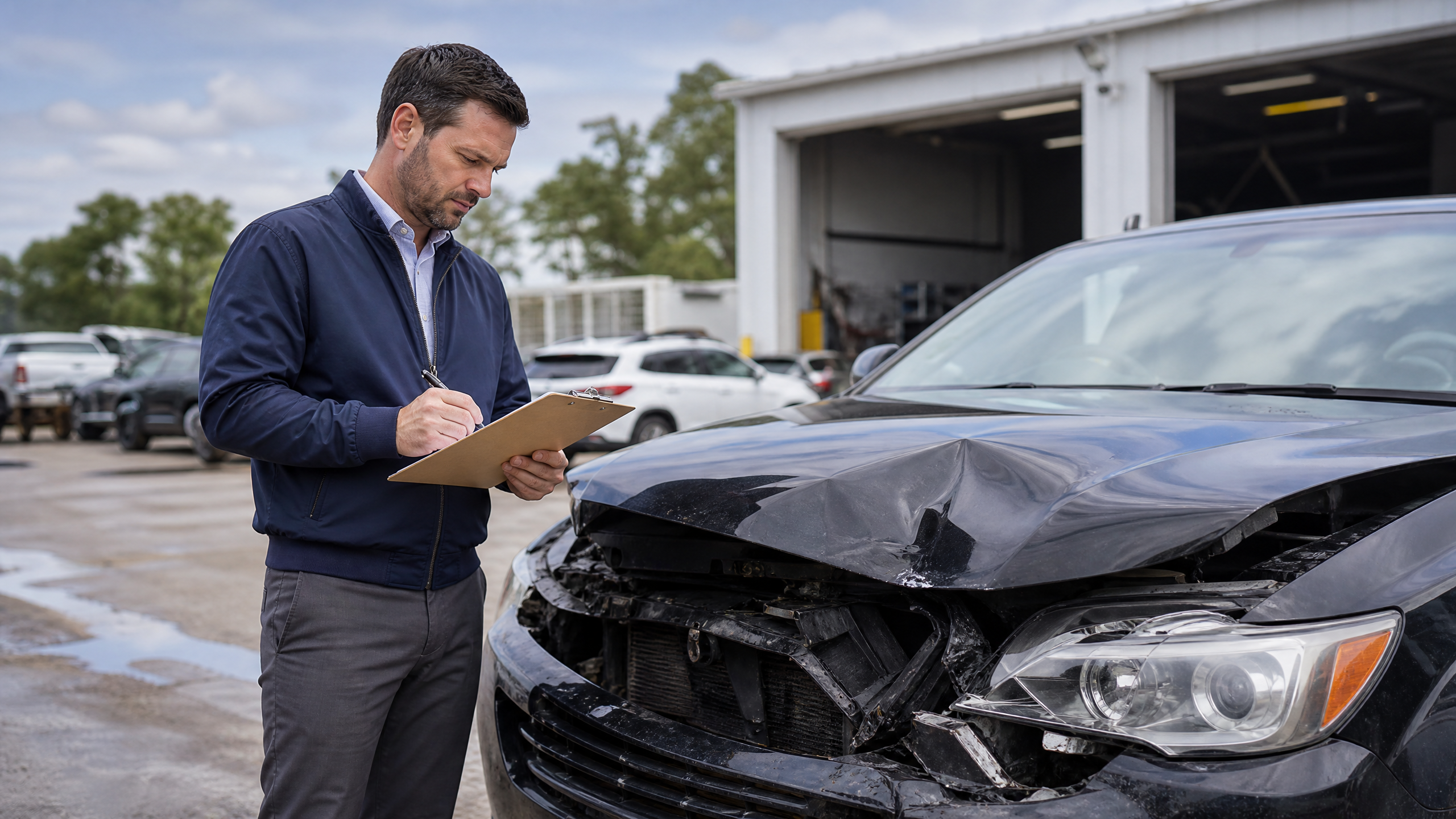 Insurance adjuster with clipboard standing next to a damaged car at a GEICO claims inspection facility, documenting the total loss assessment