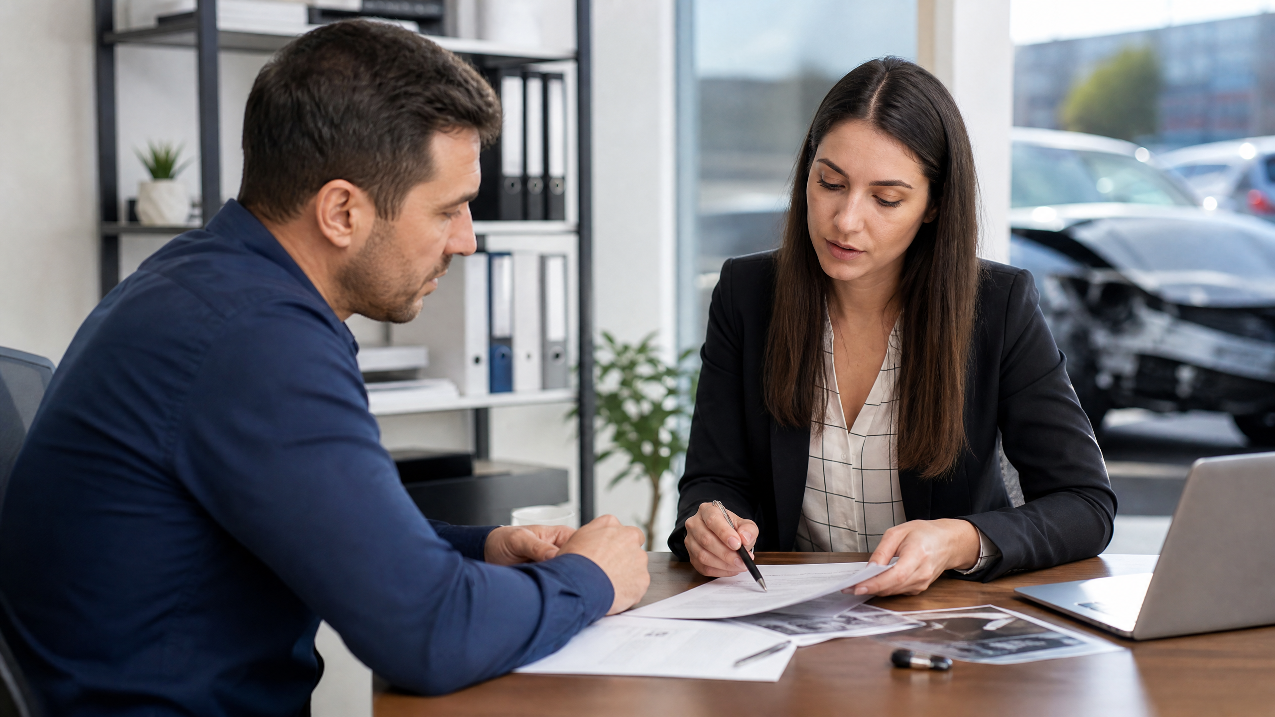 GEICO claims representative reviewing total loss payout documents with a customer at an office desk