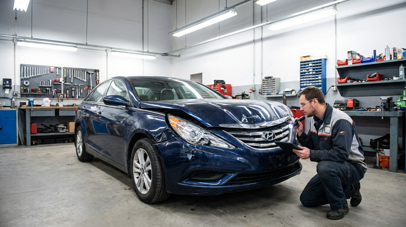 Mechanic examining a vehicle with visible collision damage in a repair shop bay, evaluating whether the car qualifies as a total loss under GEICO policy