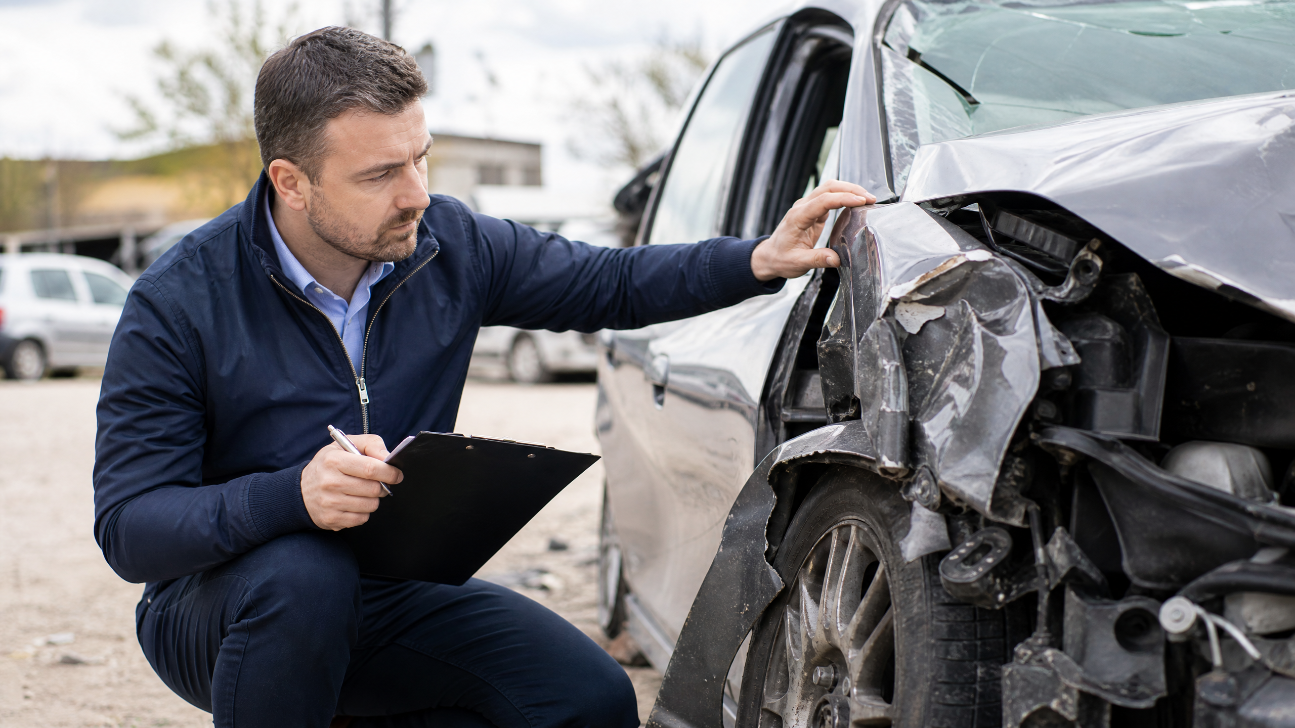 Insurance adjuster with clipboard inspecting a severely damaged car at an accident scene for a Liberty Mutual total loss claim