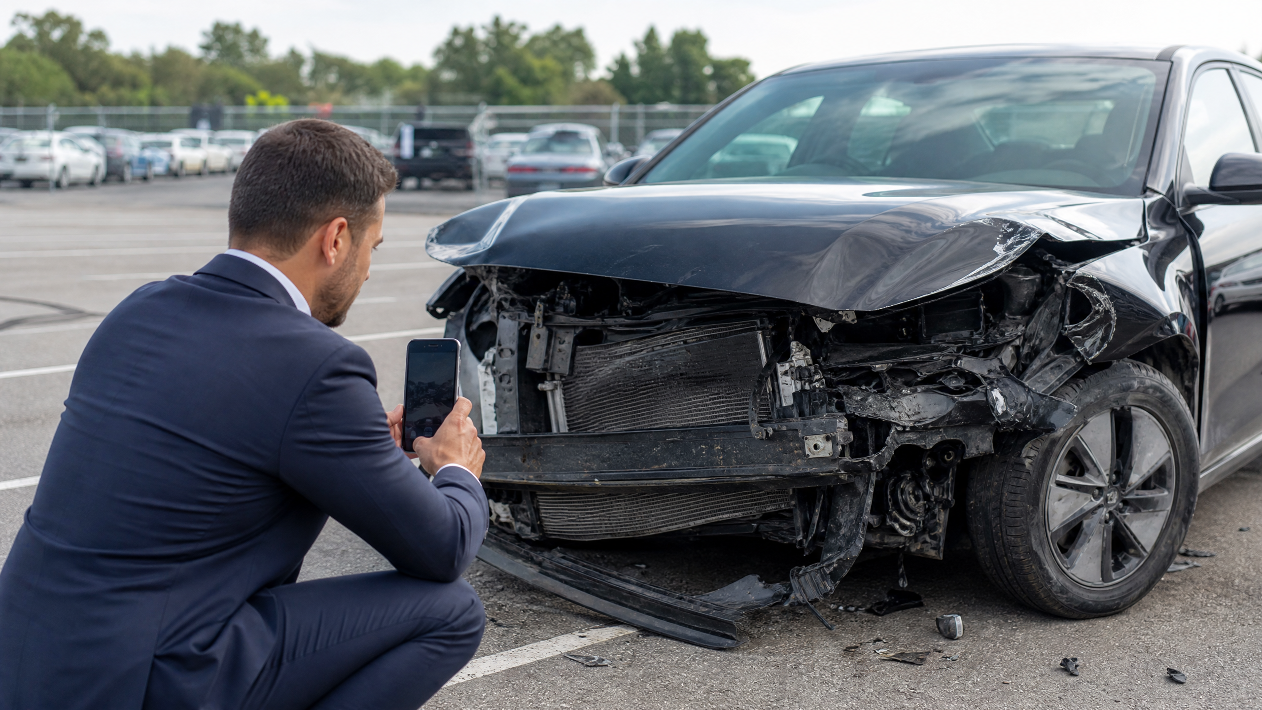 Insurance adjuster photographing front-end collision damage on a totaled vehicle during a Progressive total loss claim assessment