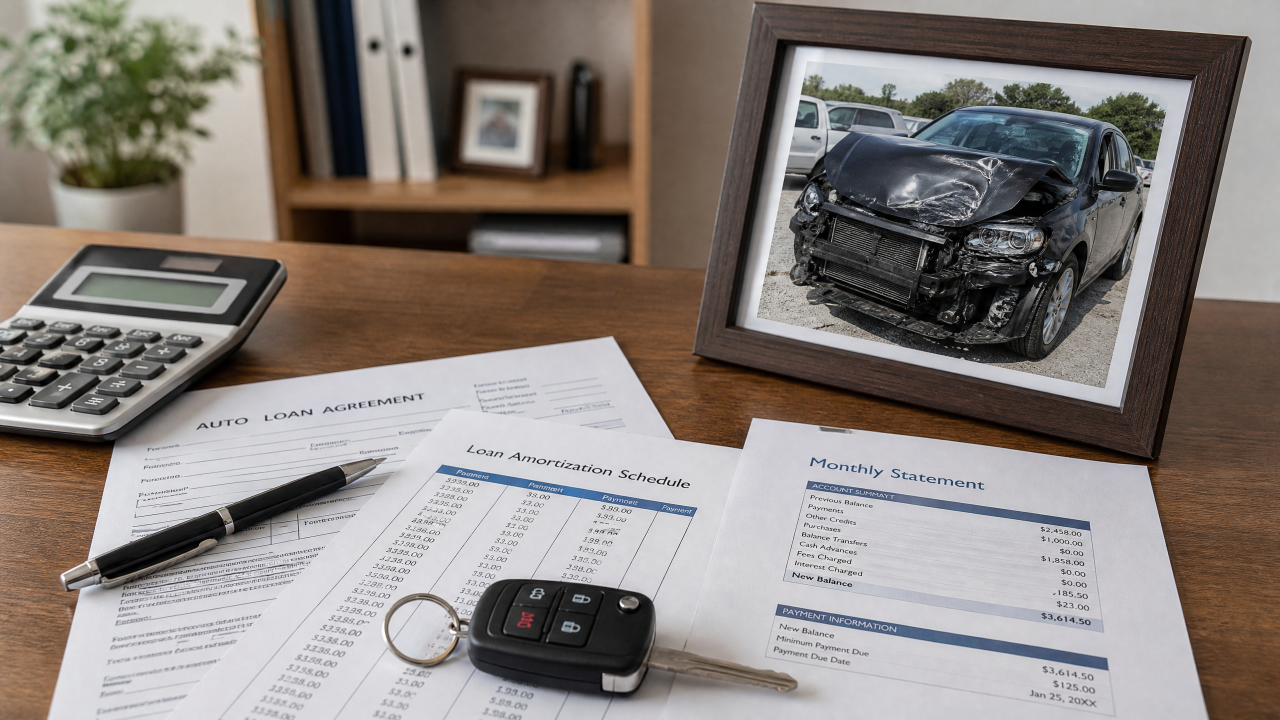 Car loan paperwork and vehicle keys on a desk, representing the financial considerations when a financed vehicle is declared a total loss by Progressive