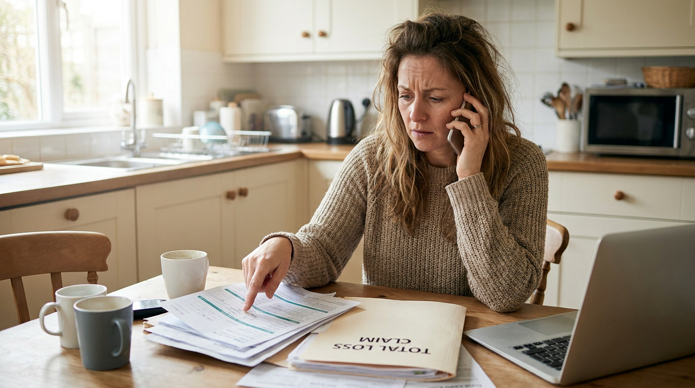 Person talking on the phone while reviewing Progressive insurance claim documents at home, navigating the total loss payout process
