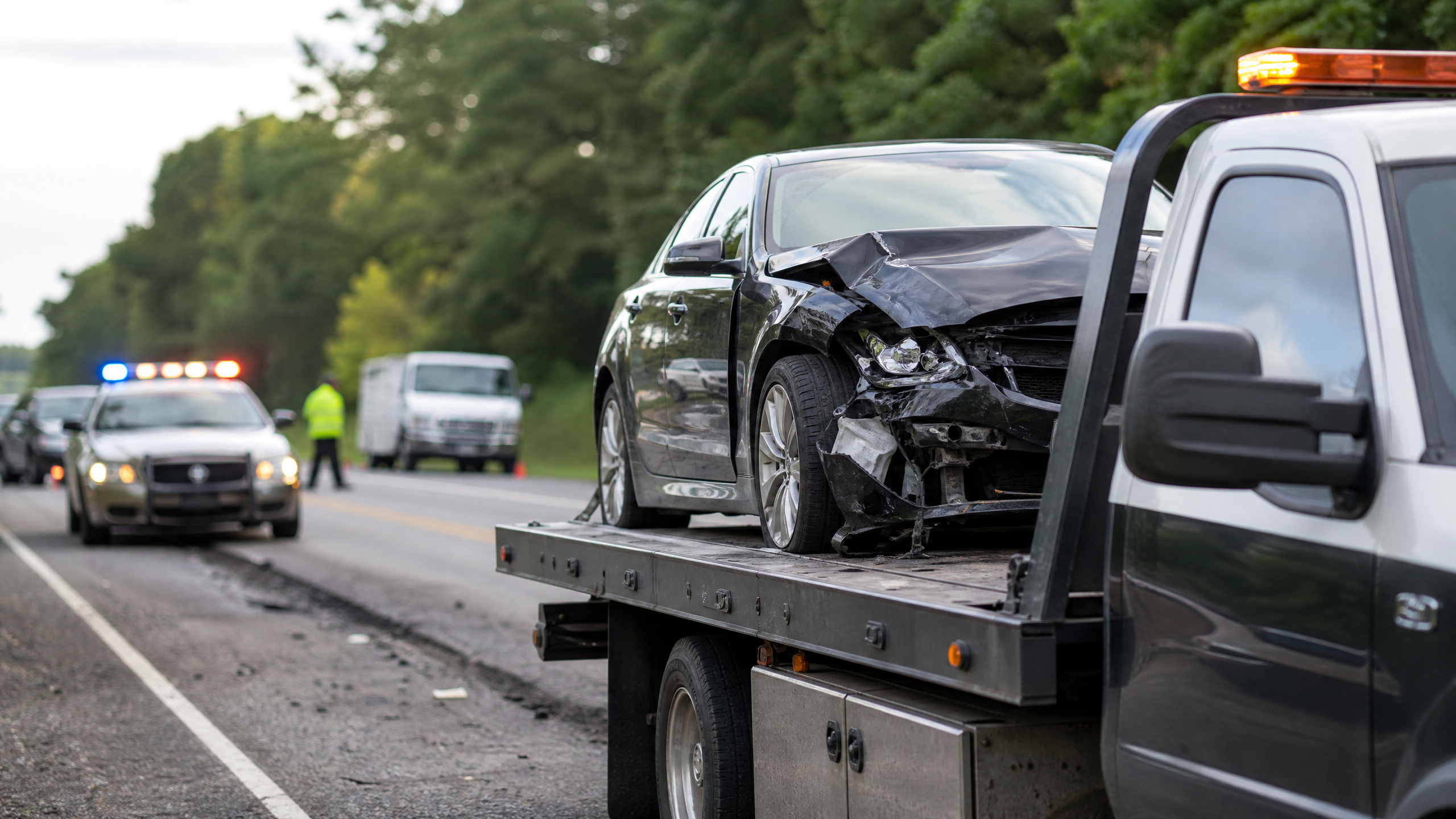 Damaged vehicle being towed away from an accident scene, representing the start of the State Farm total loss claim process for financed vehicles