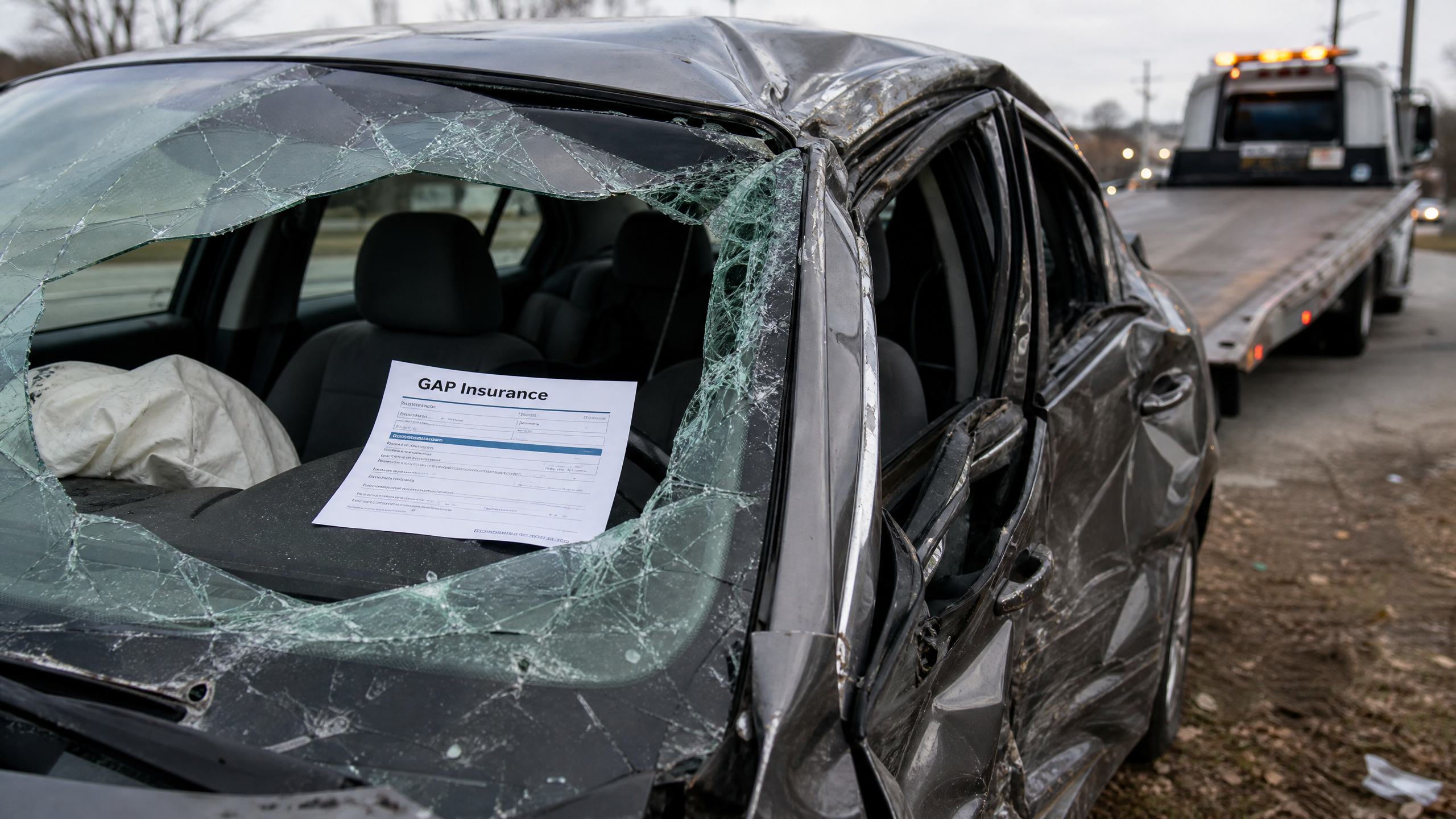 Totaled vehicle with GAP insurance paperwork visible, illustrating the financial protection USAA total loss protection provides when a car is declared a total loss