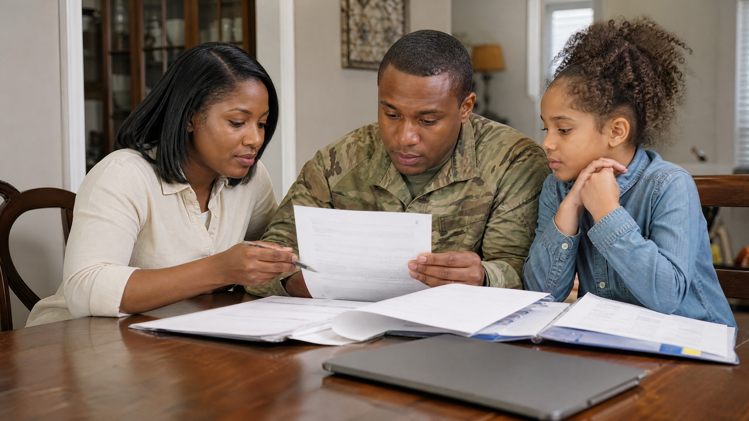 Military family in civilian clothes reviewing USAA car insurance documents and total loss protection coverage at their dining table