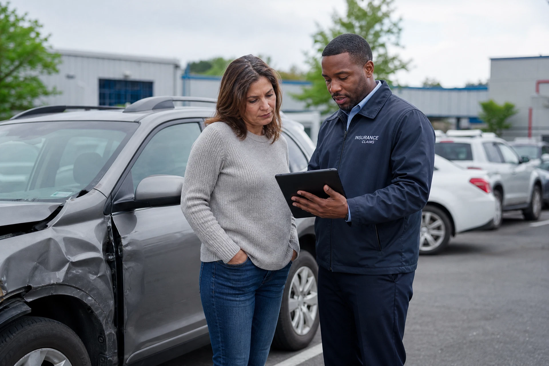 Insurance adjuster discussing a Farmers Insurance total loss claim with a vehicle owner